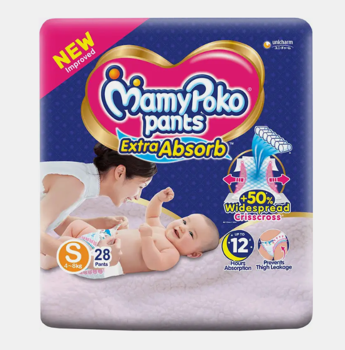 MamyPoko Pants Extra Absorb Baby Diapers, Medium (S), 28Count, 4-8 kg