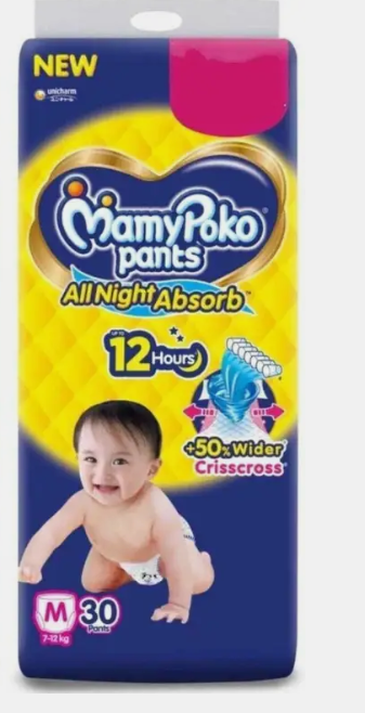 MamyPoko All Night Absorb Pant Style Baby Diapers Medium(m) 30 Count 7-12 kg - M (30 Pieces)